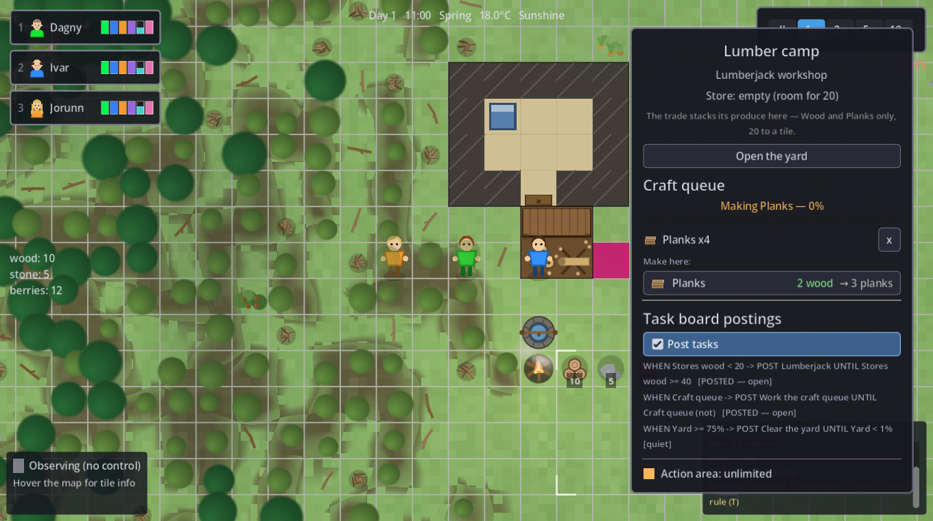 A lumber camp's craft queue