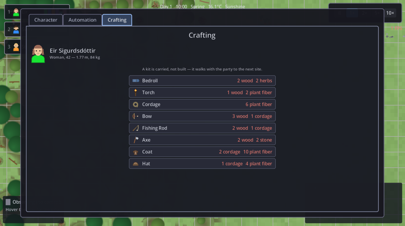The crafting tab