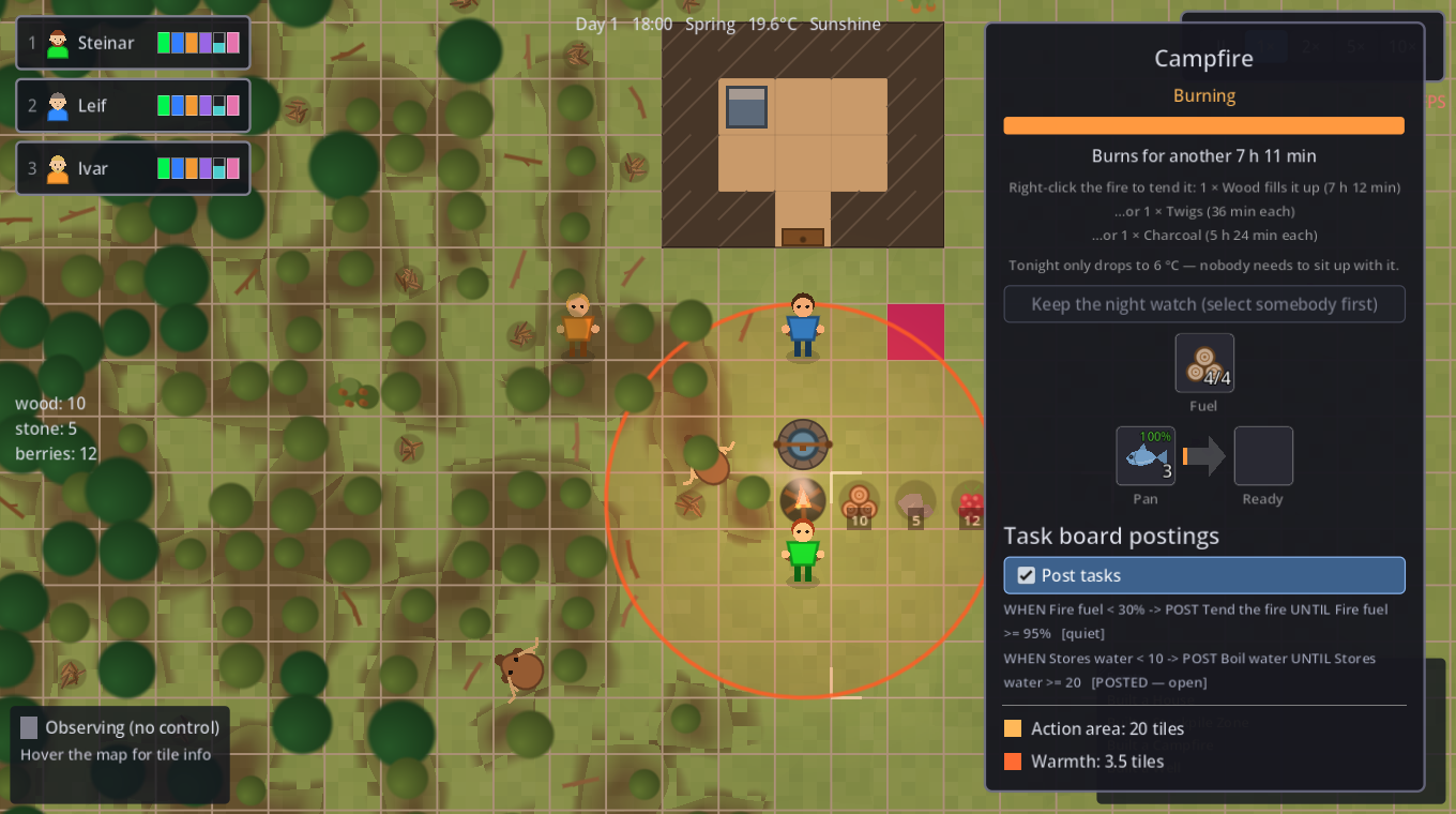 A campfire's panel with the hearth slots
