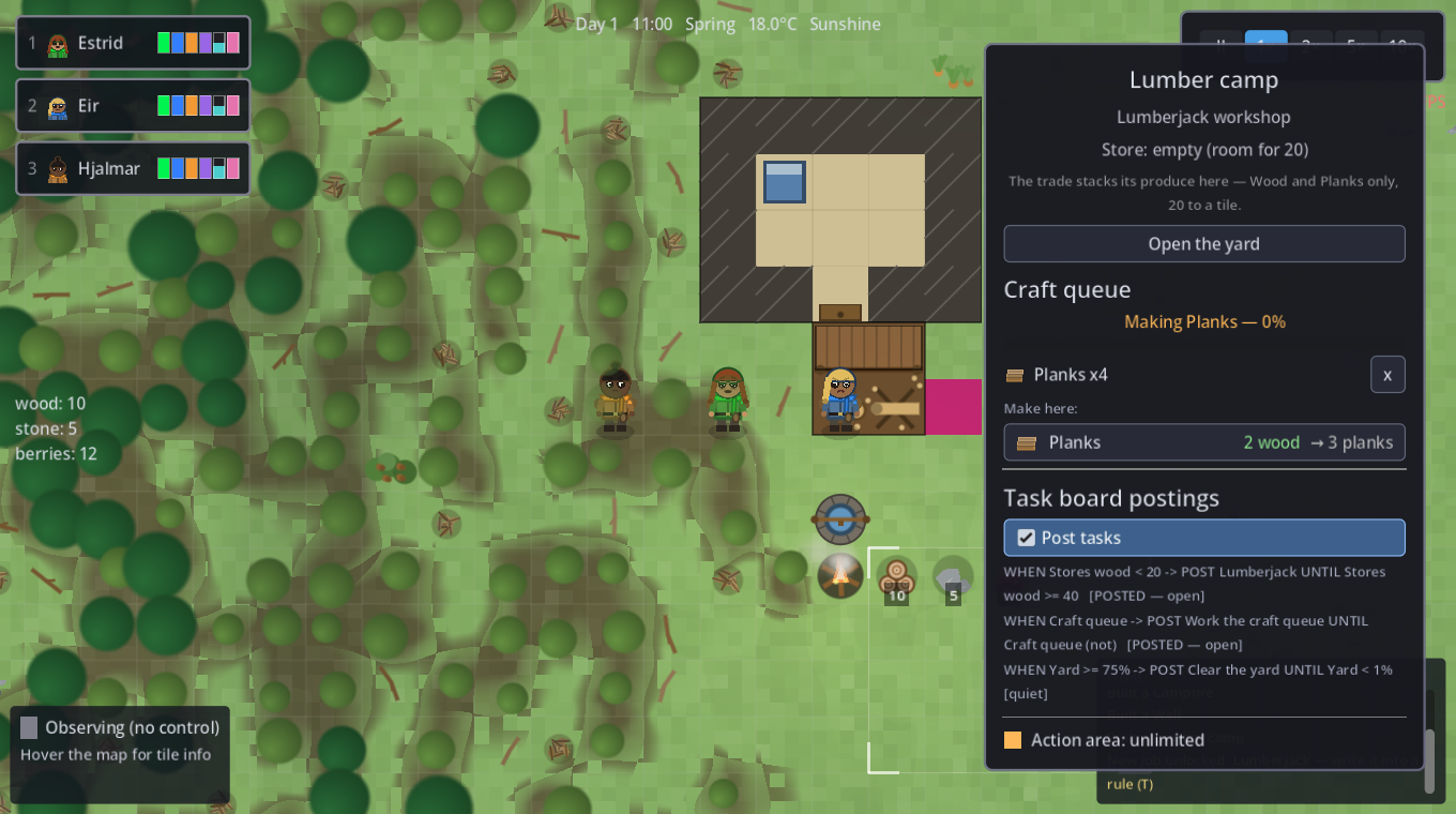 A lumber camp's craft queue