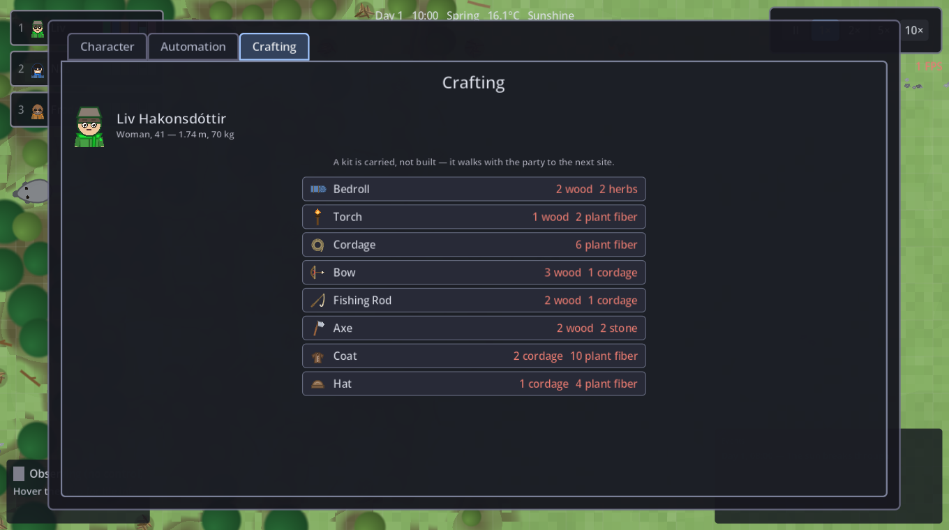 The crafting tab