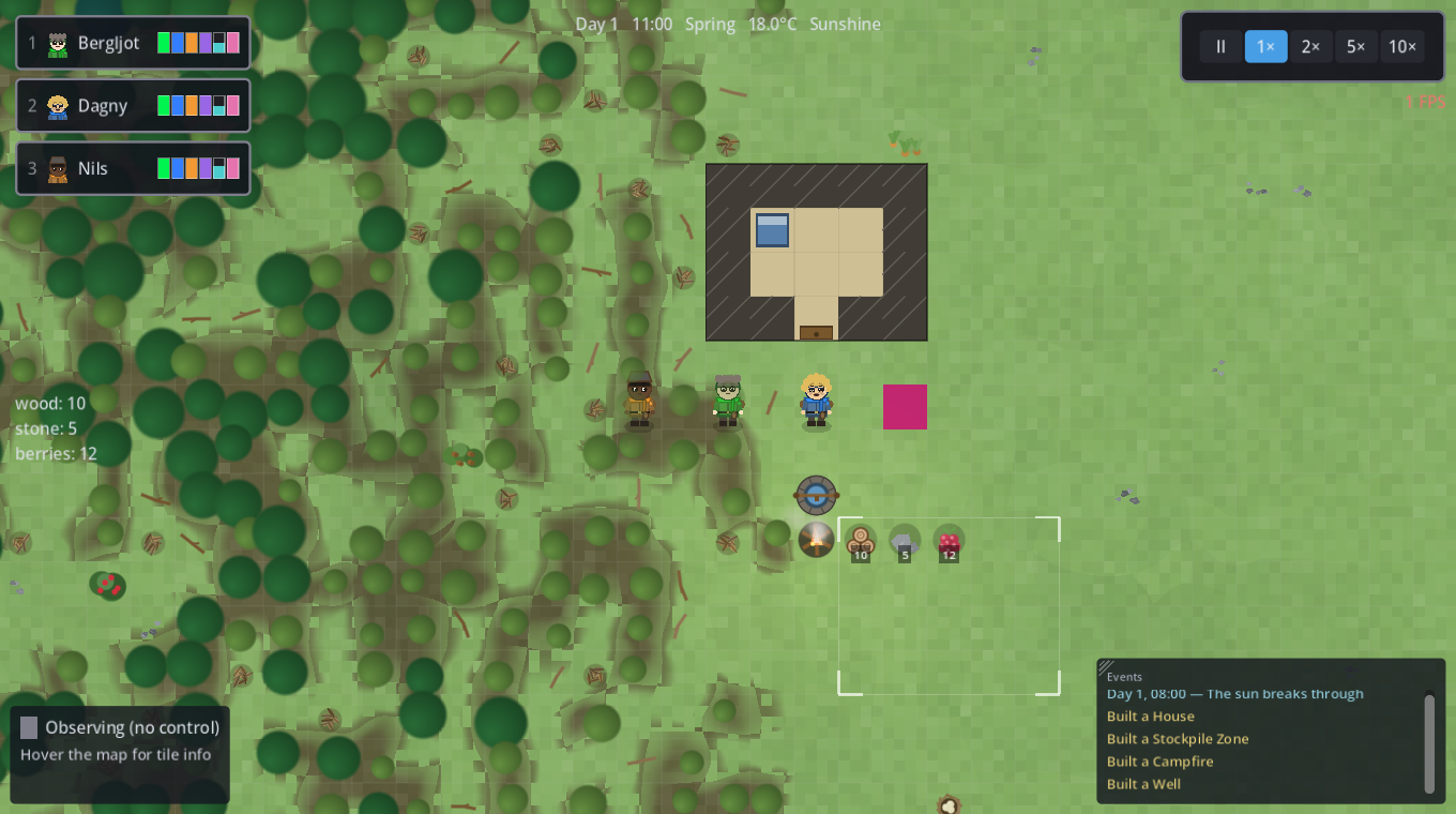 A small base with a house, well and campfire