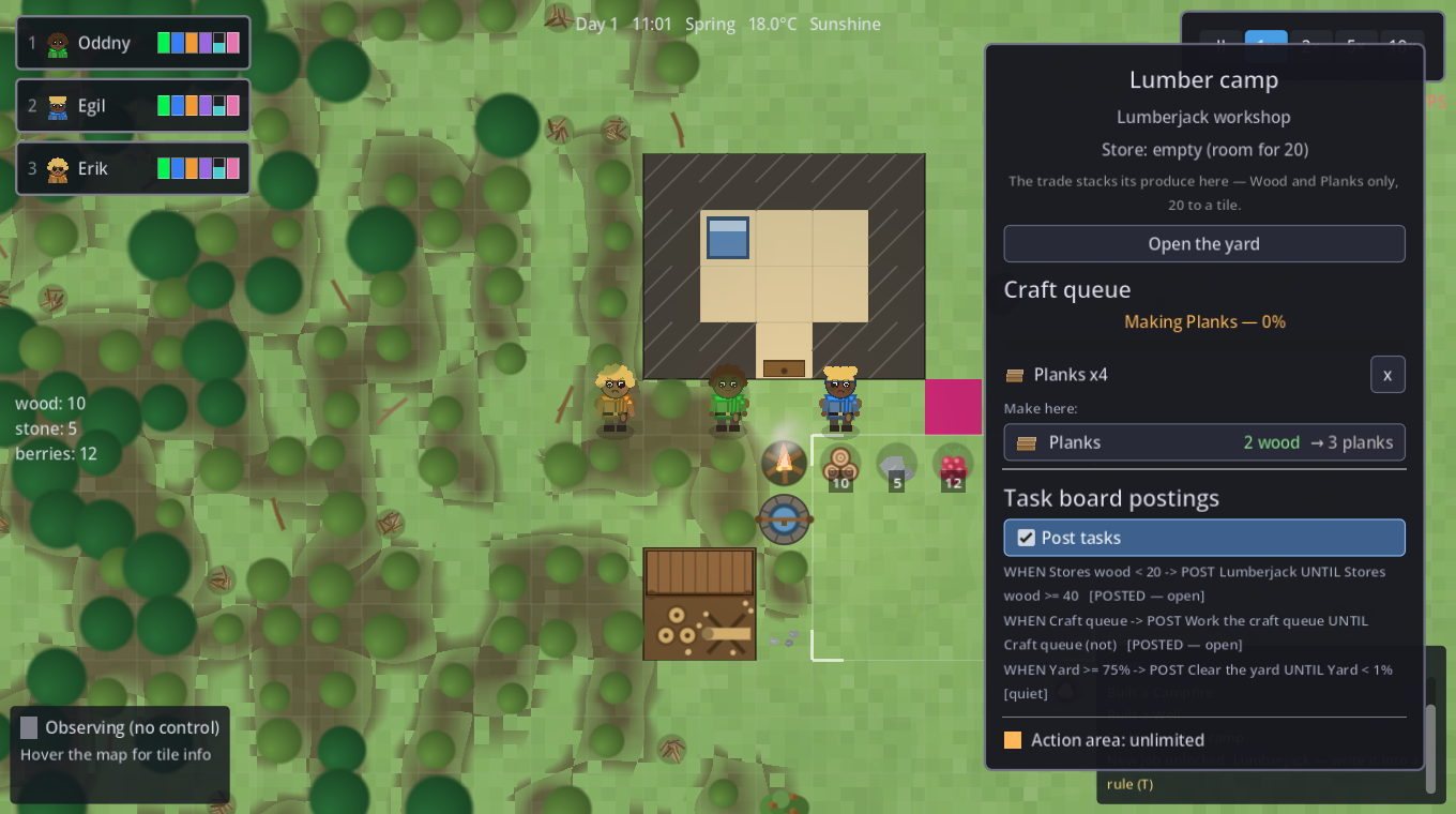 A lumber camp's craft queue