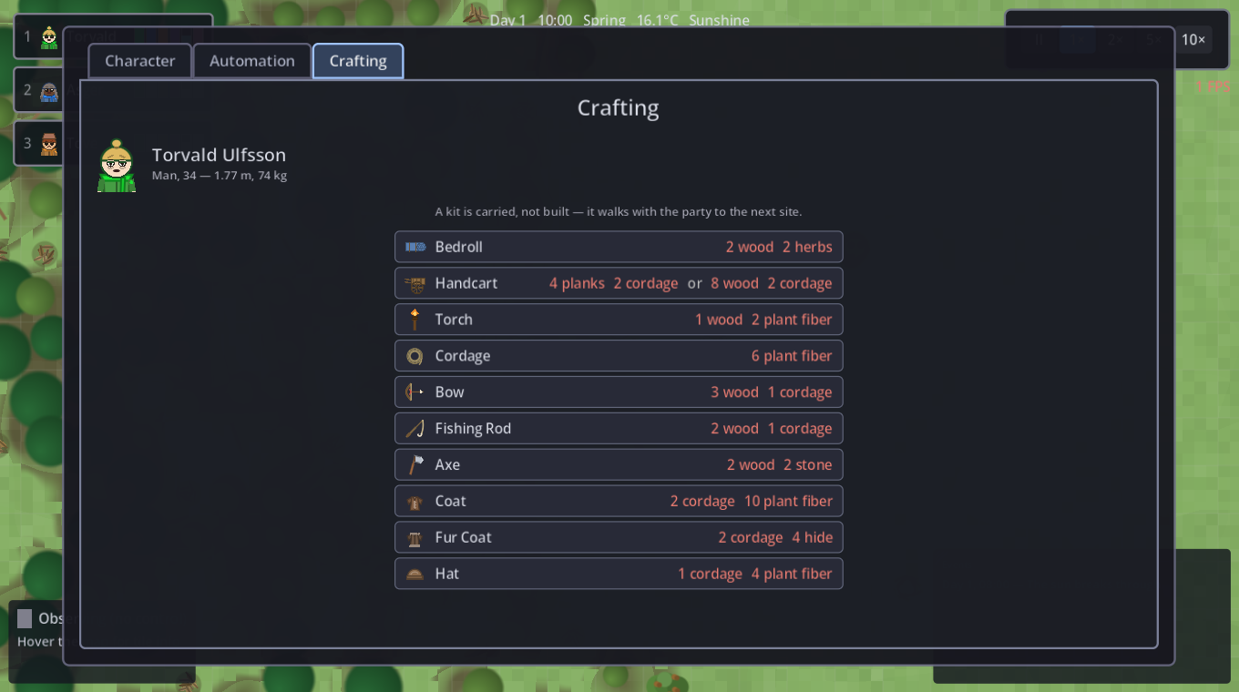 The crafting tab