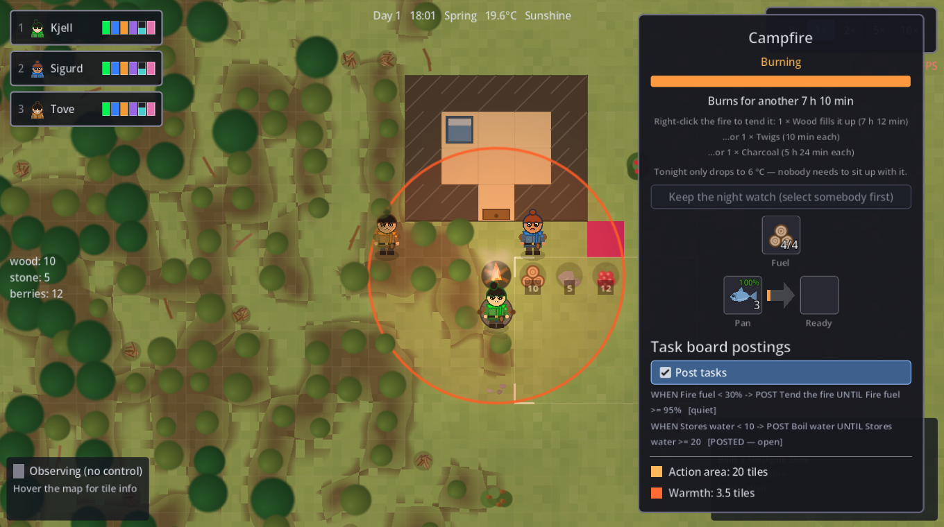 A campfire's panel with the hearth slots