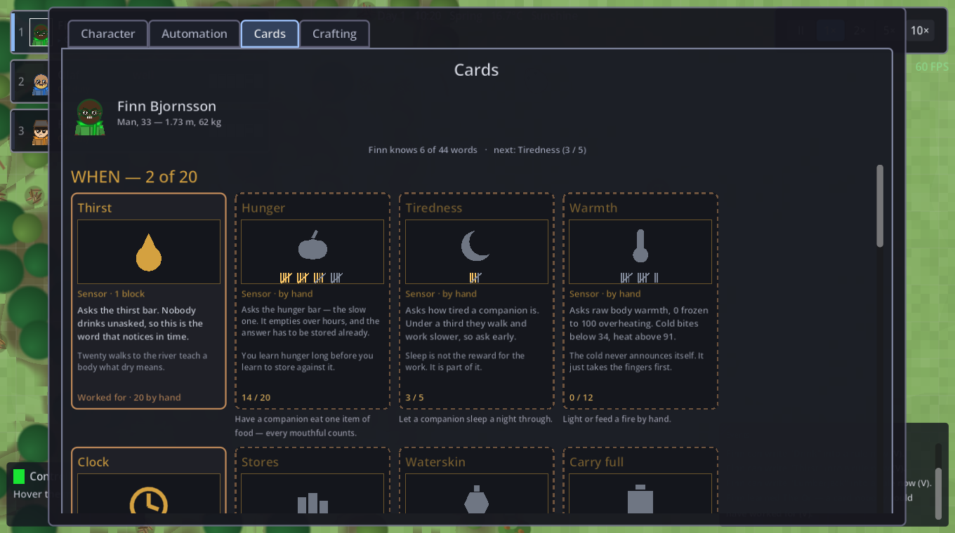 The Cards tab: one companion's whole deck