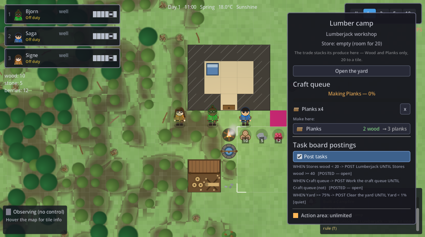 A lumber camp's craft queue