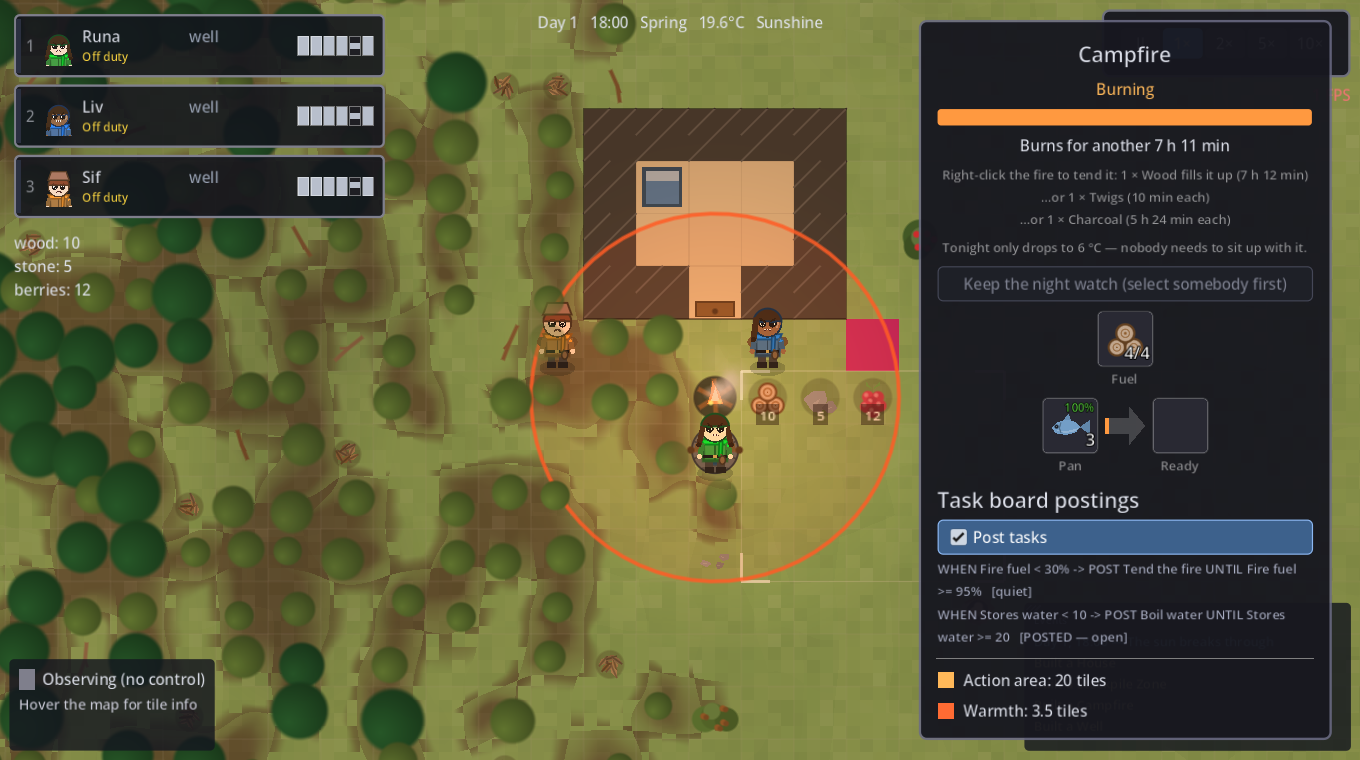 A campfire's panel with the hearth slots