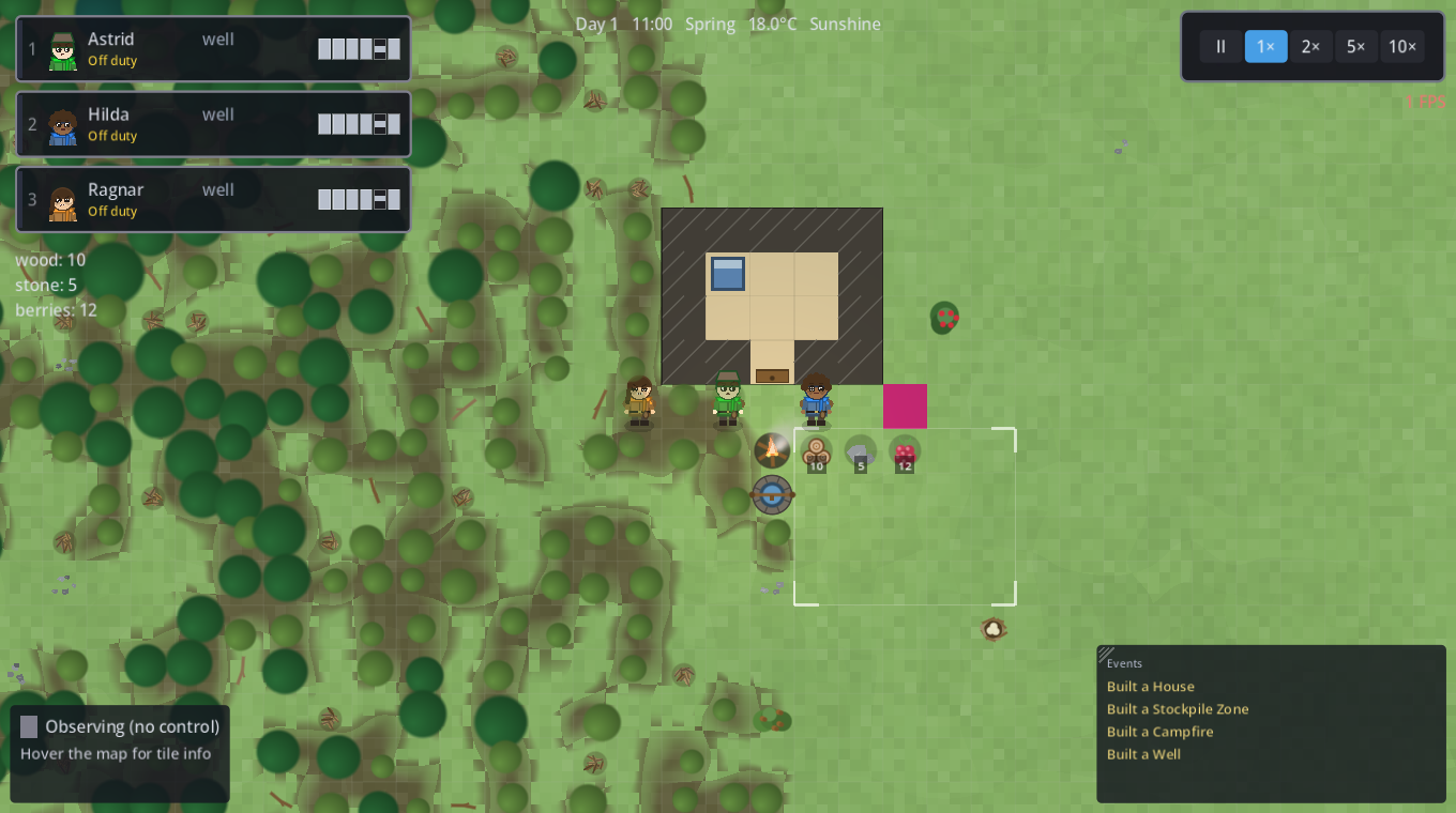 A small base with a house, well and campfire