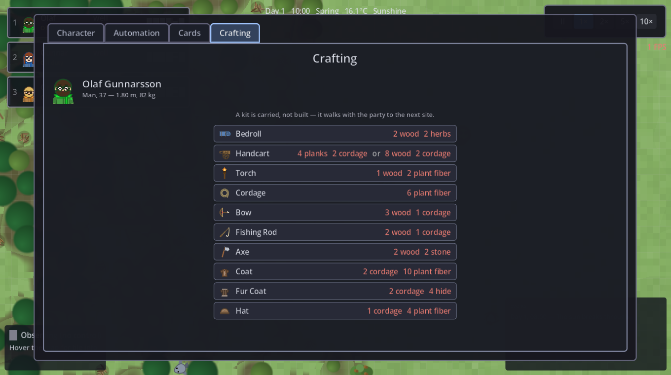 The crafting tab