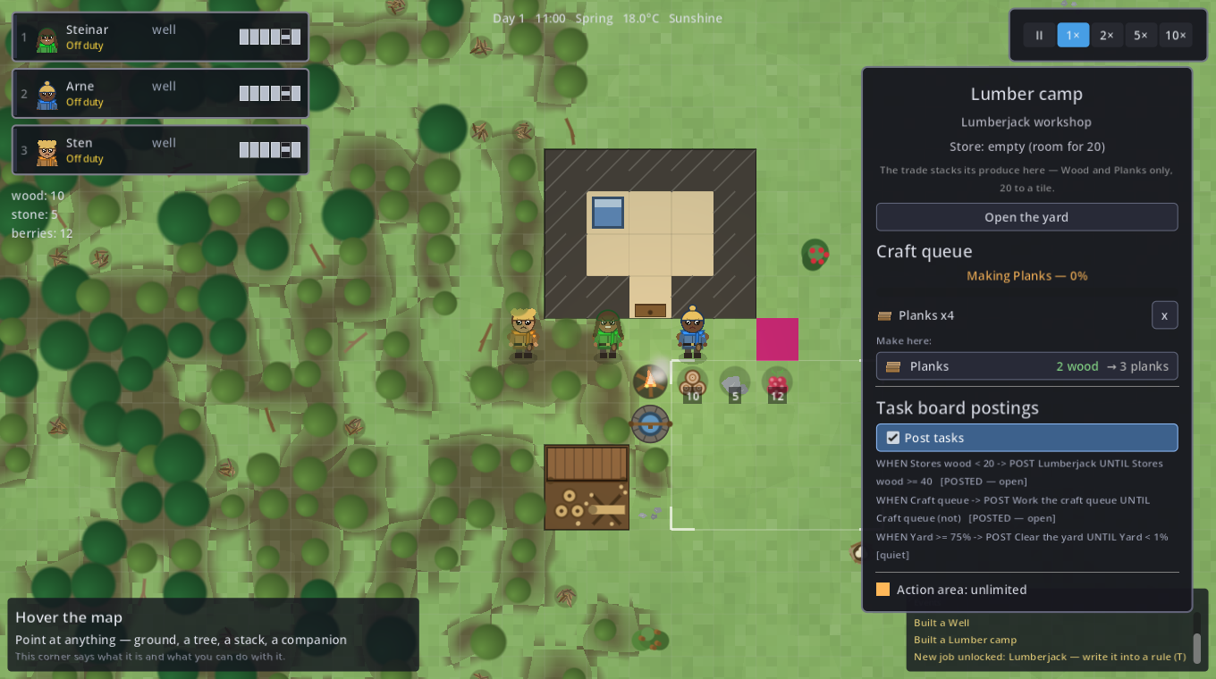 A lumber camp's craft queue