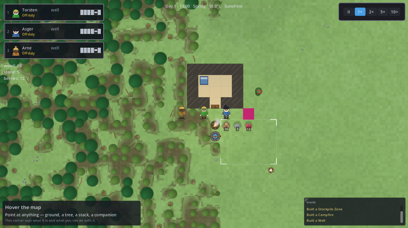 A small base with a house, well and campfire