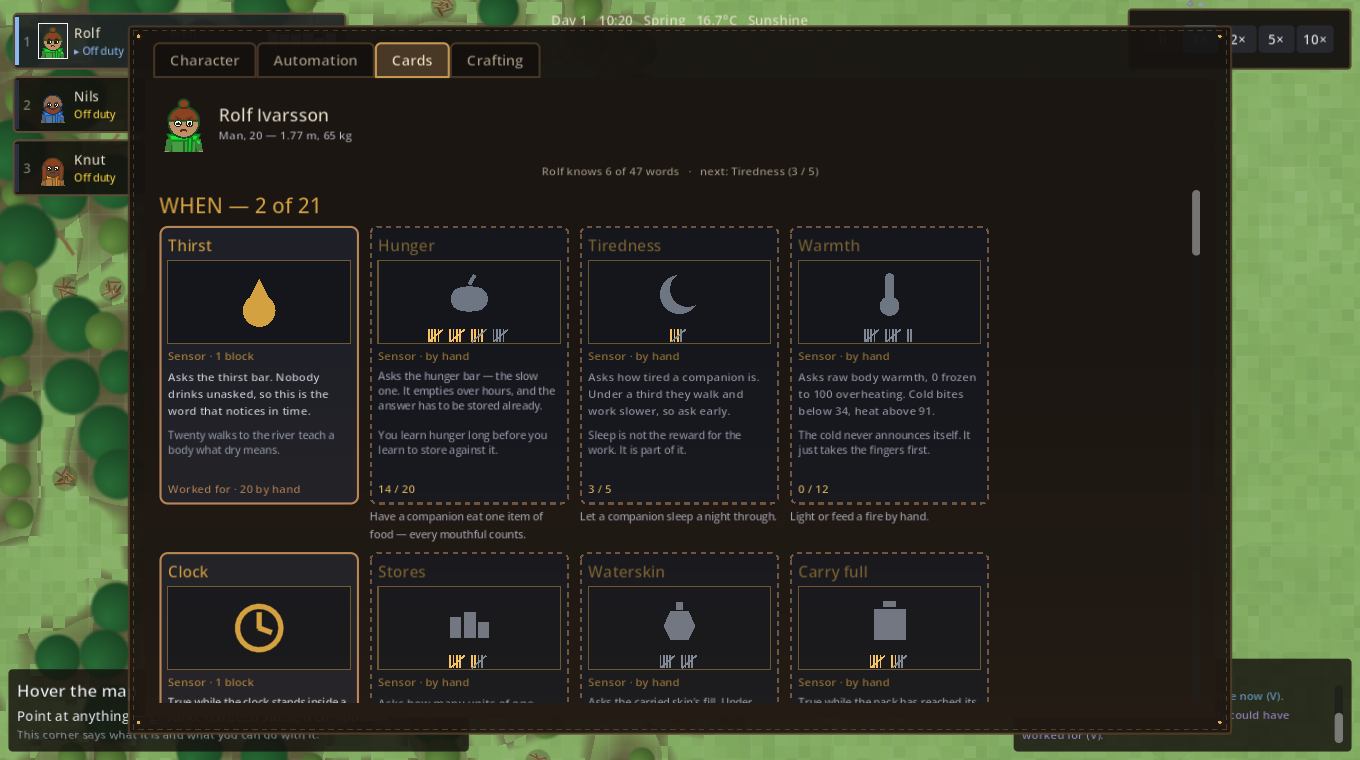 The Cards tab: one companion's whole deck