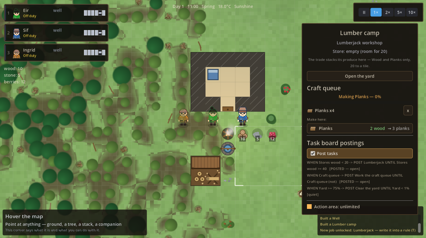 A lumber camp's craft queue