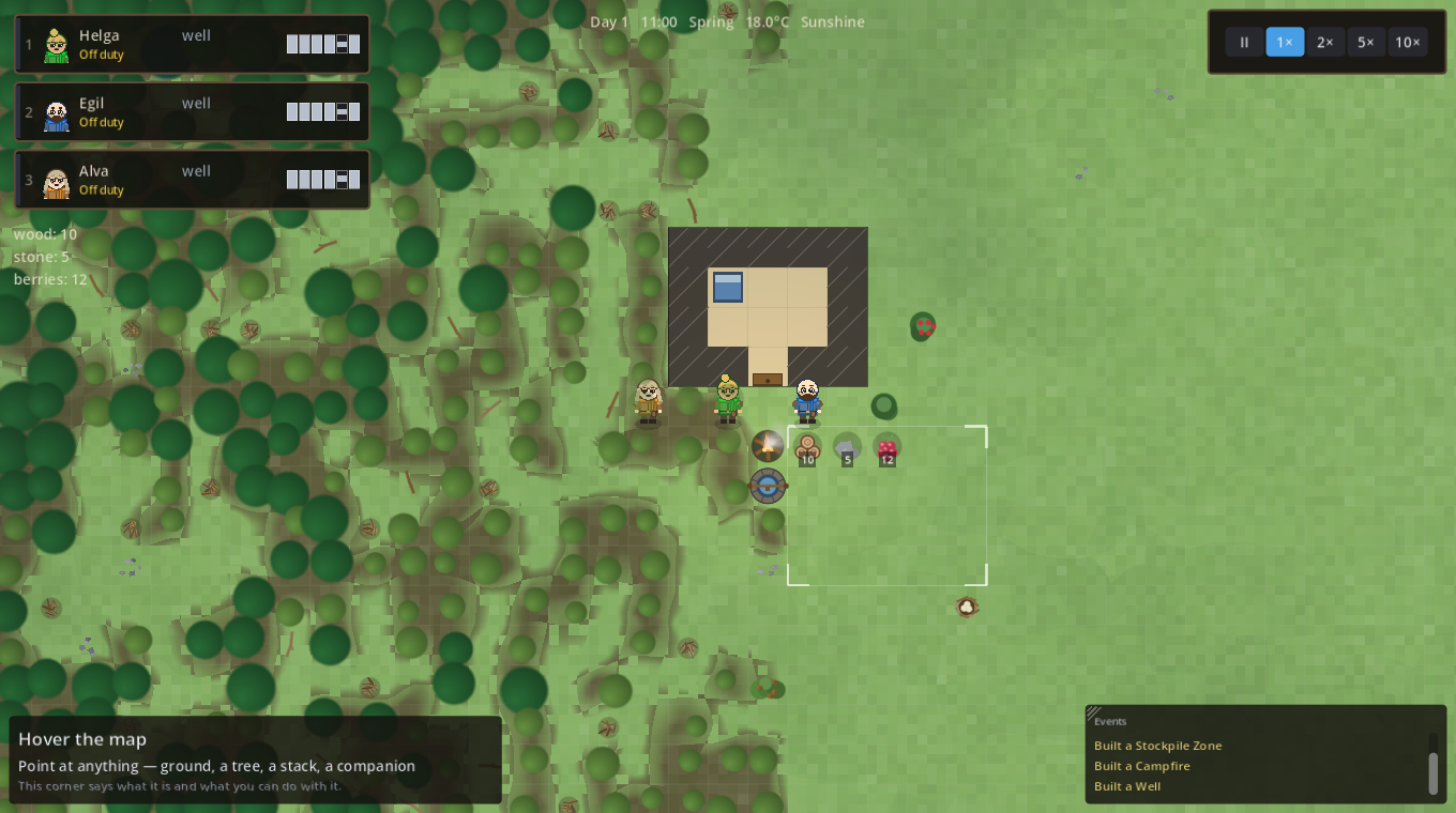 A small base with a house, well and campfire