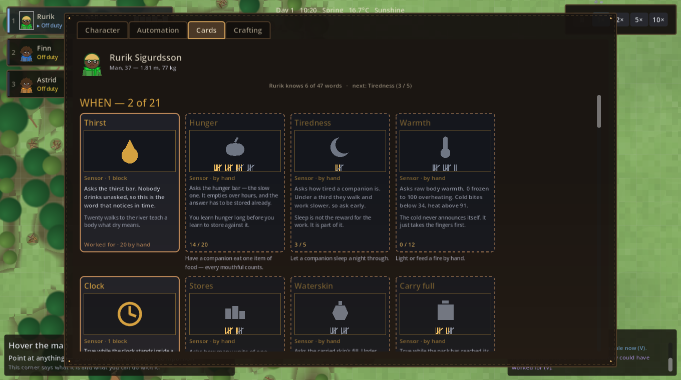 The Cards tab: one companion's whole deck
