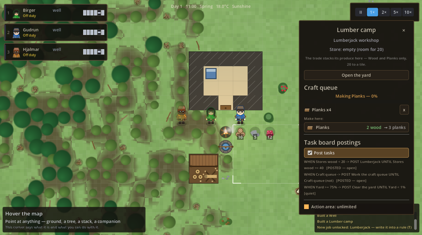 A lumber camp's craft queue