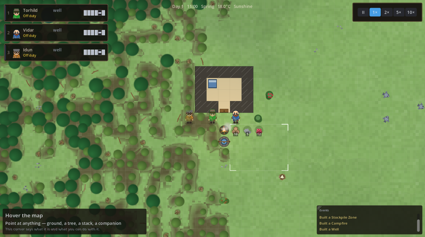 A small base with a house, well and campfire