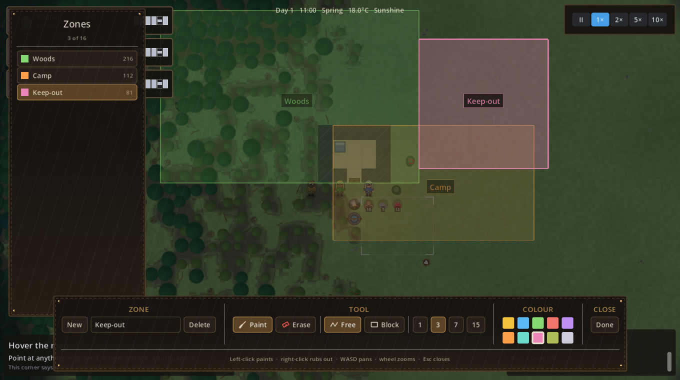 The zones overlay: three named, coloured, overlapping zones over the camp