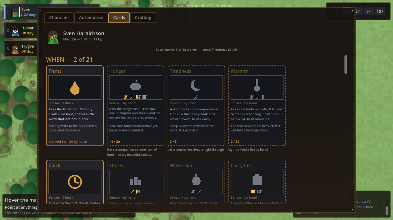 The Cards tab: one companion's whole deck