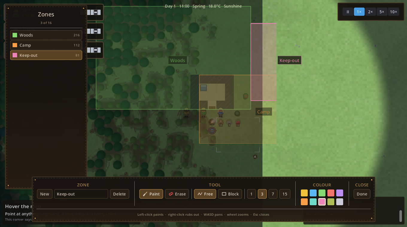 The zones overlay: three named, coloured, overlapping zones over the camp