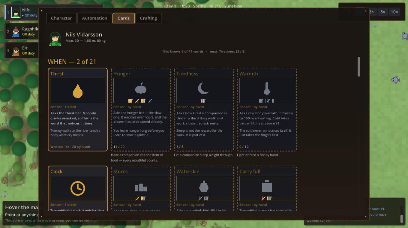The Cards tab: one companion's whole deck