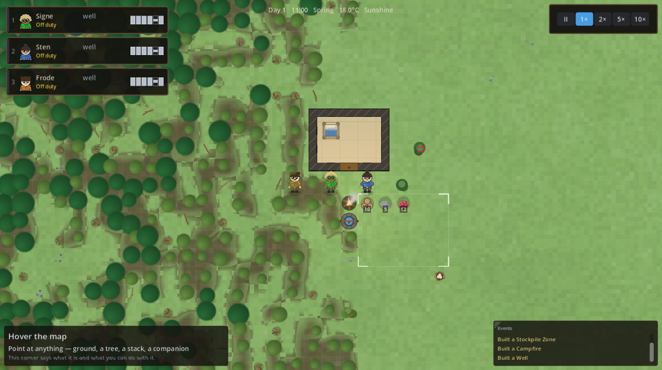 A small base with a house, well and campfire