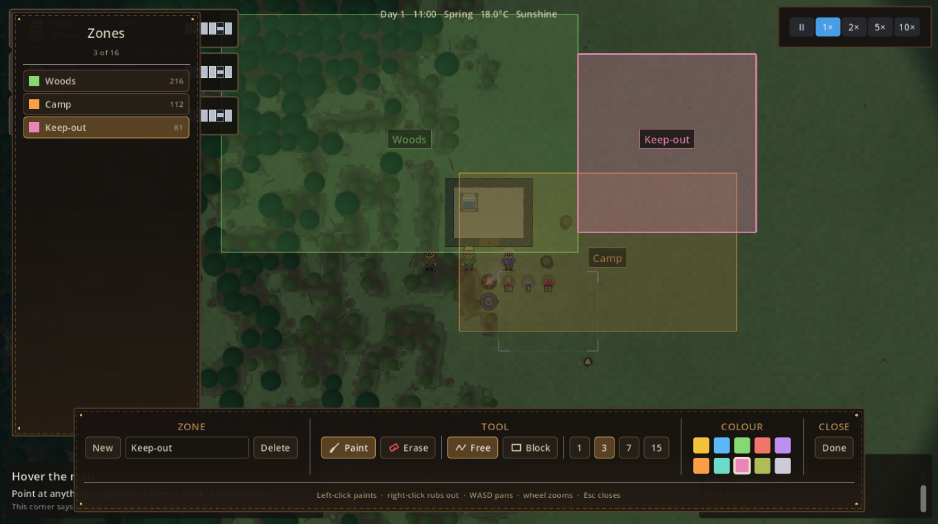 The zones overlay: three named, coloured, overlapping zones over the camp