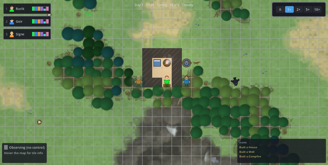 A small base with a house, well and campfire