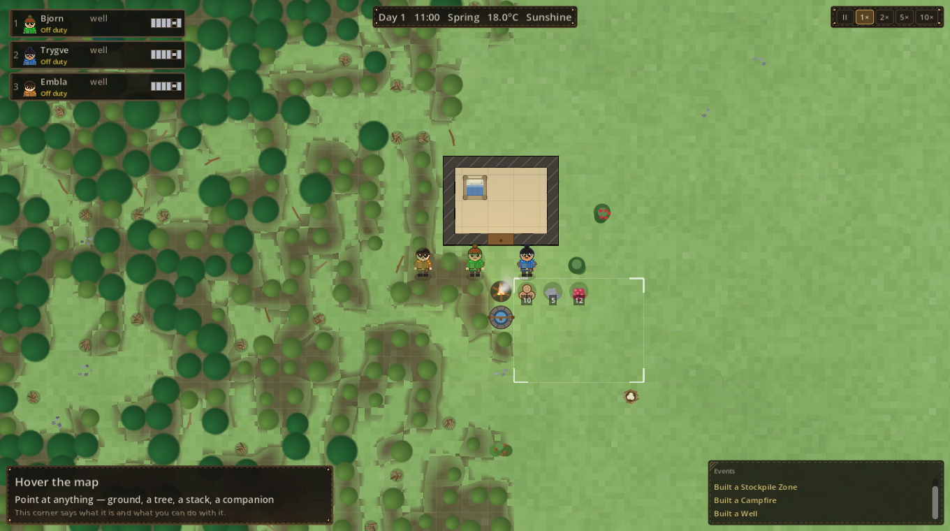 A small base with a house, well and campfire