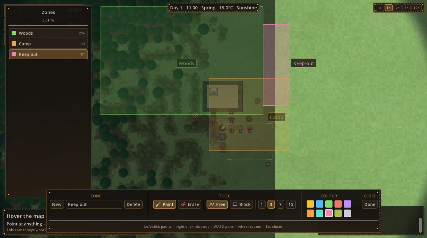The zones overlay: three named, coloured, overlapping zones over the camp