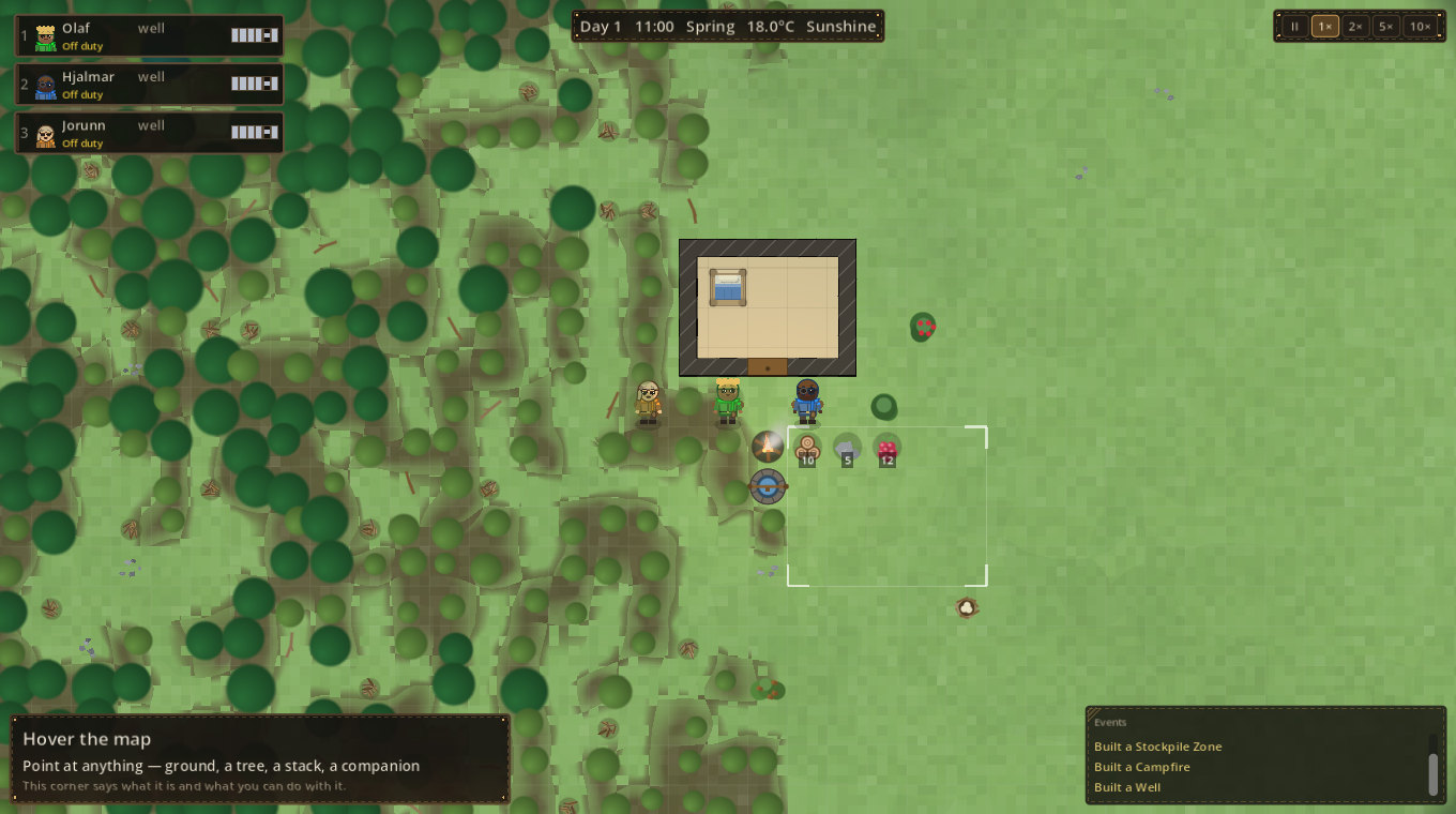 A small base with a house, well and campfire