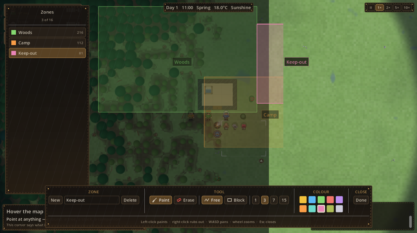 The zones overlay: three named, coloured, overlapping zones over the camp