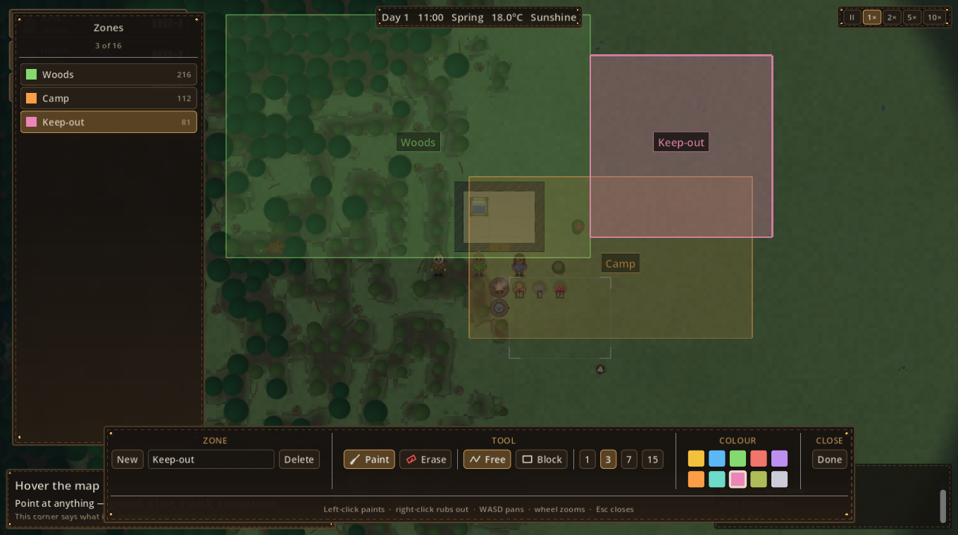 The zones overlay: three named, coloured, overlapping zones over the camp