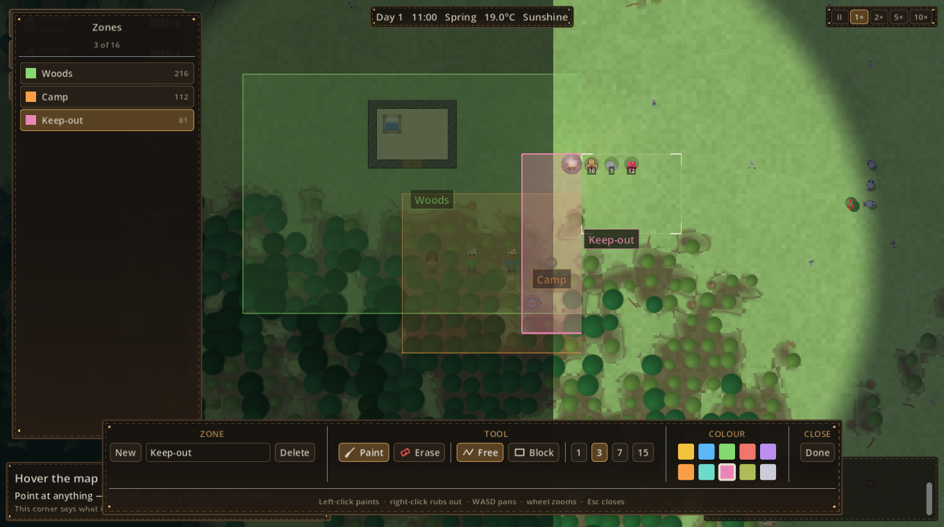 The zones overlay: three named, coloured, overlapping zones over the camp