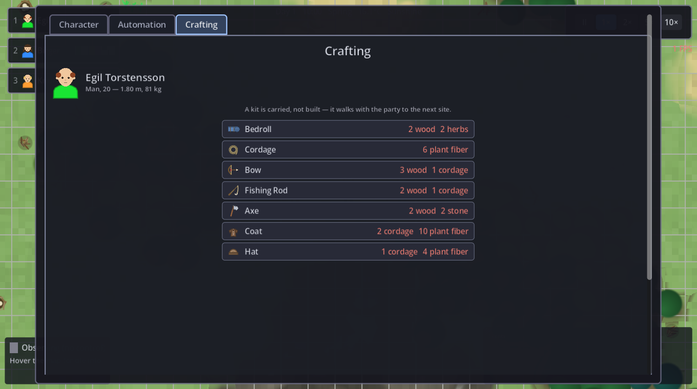 The crafting tab