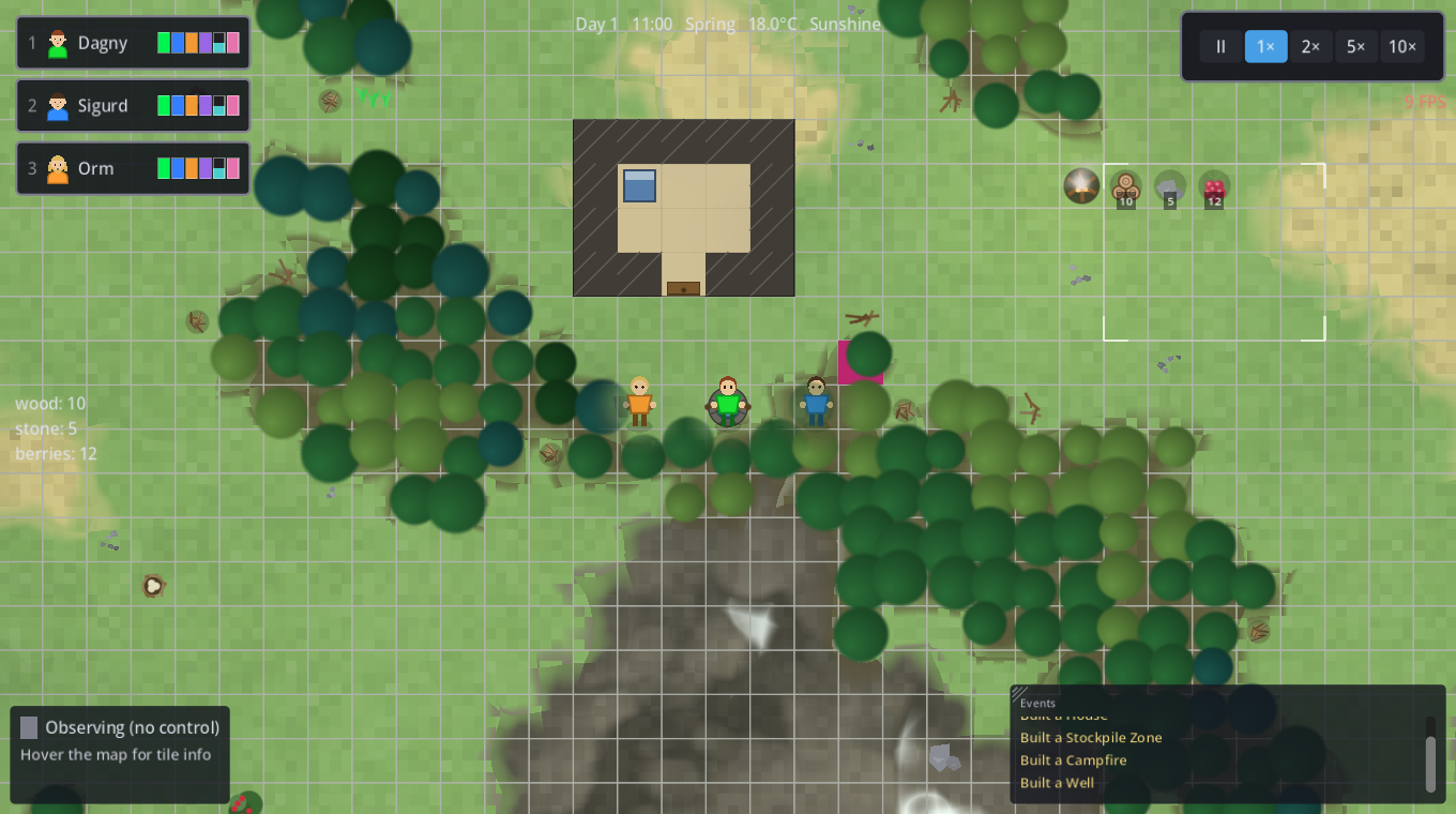 A small base with a house, well and campfire