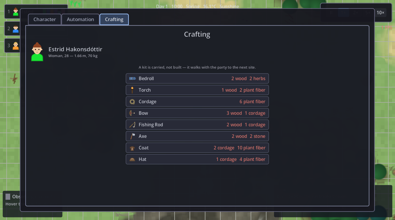 The crafting tab