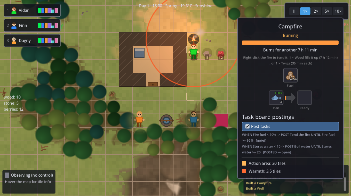 A campfire's panel with the hearth slots