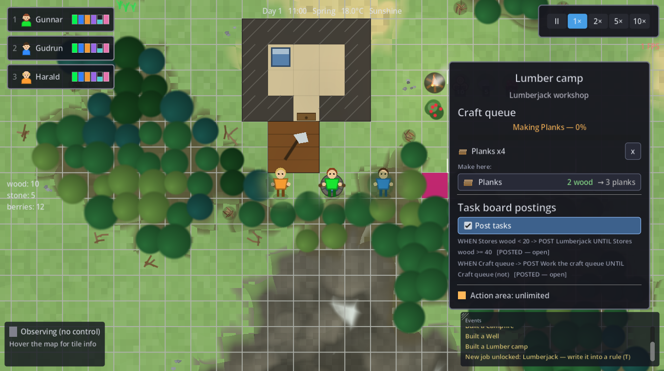 A lumber camp's craft queue
