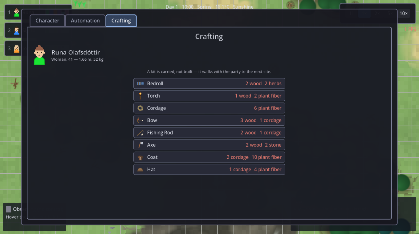 The crafting tab