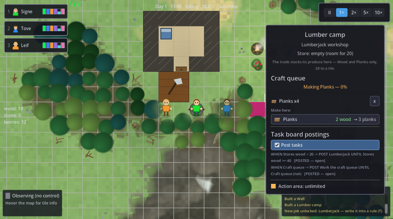 A lumber camp's craft queue