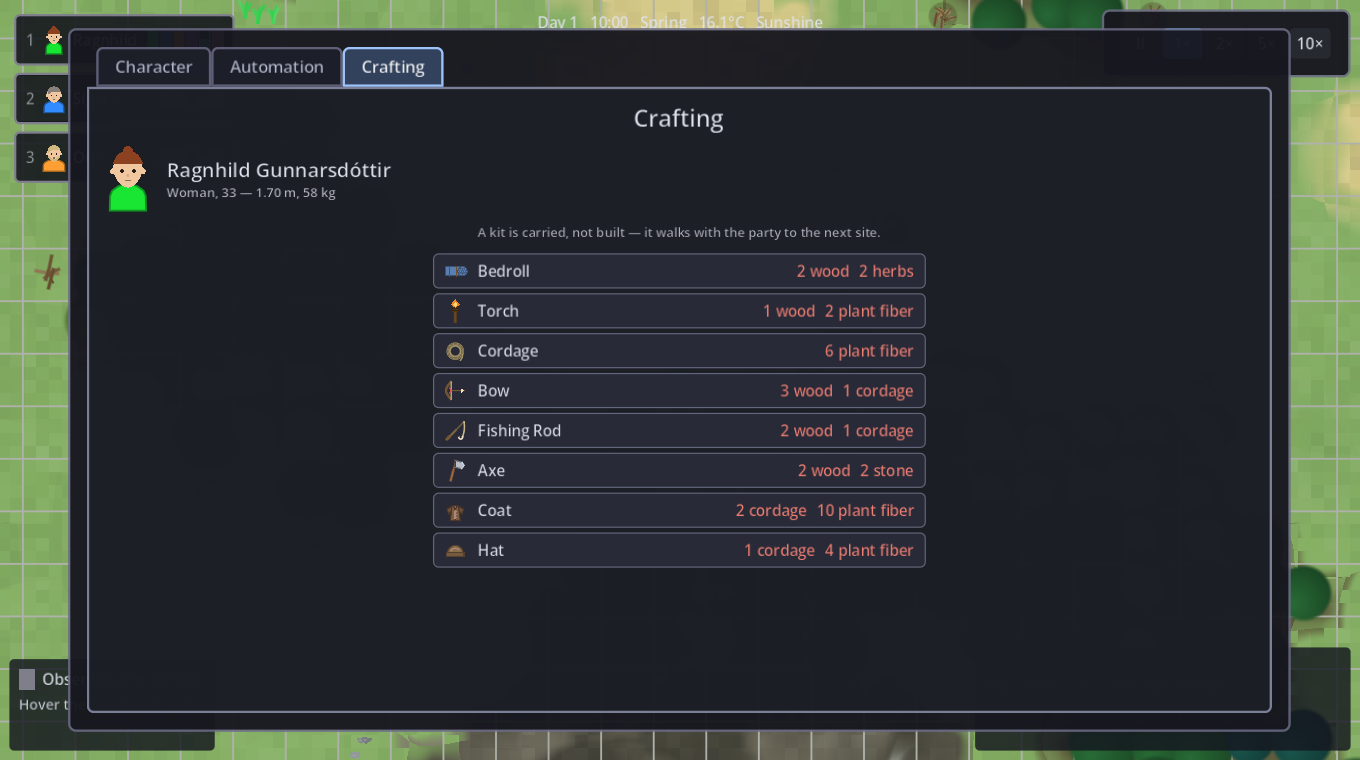 The crafting tab