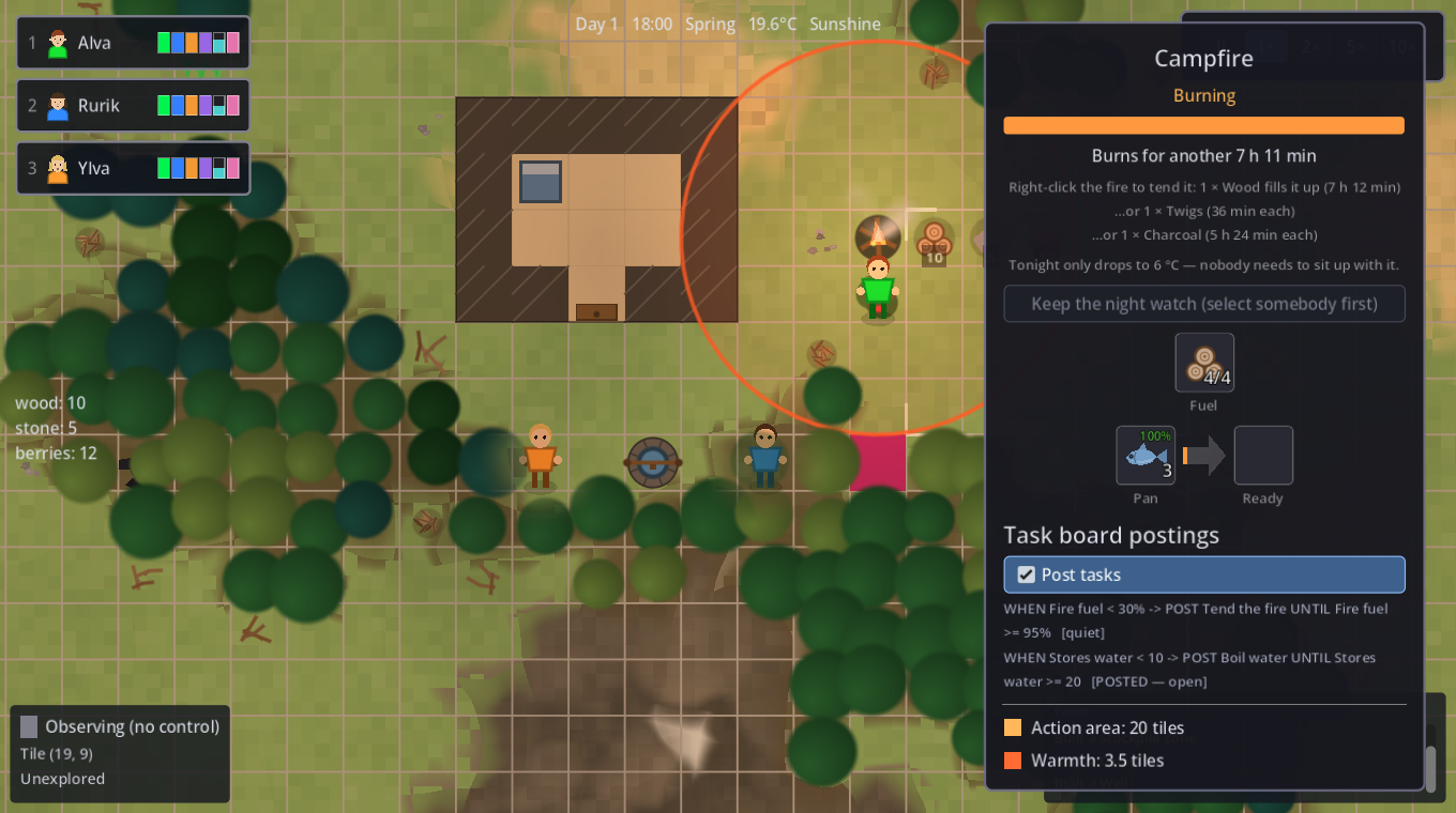 A campfire's panel with the hearth slots