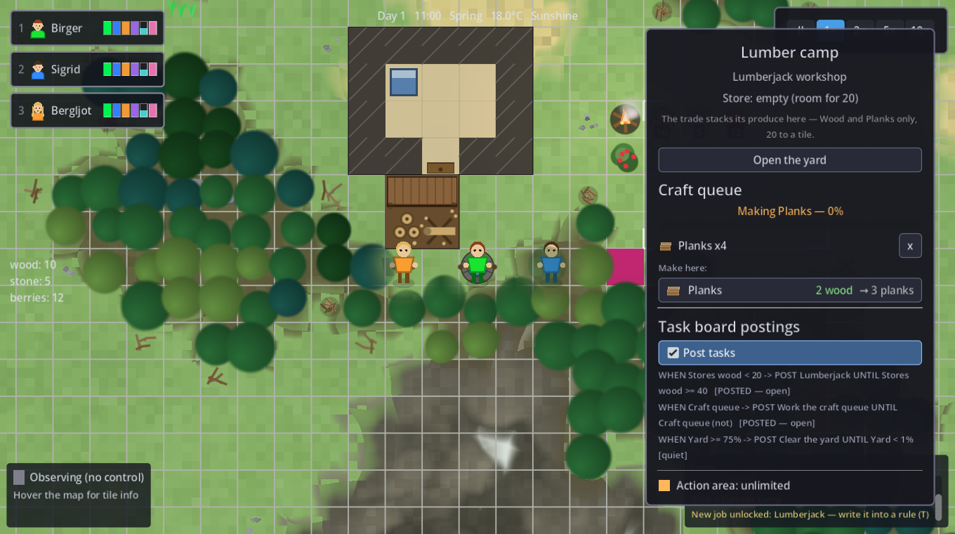 A lumber camp's craft queue