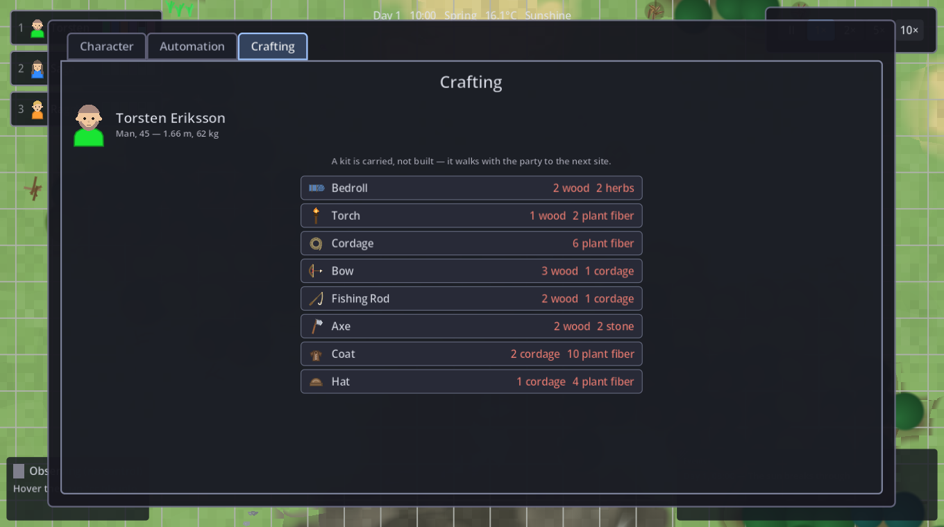 The crafting tab