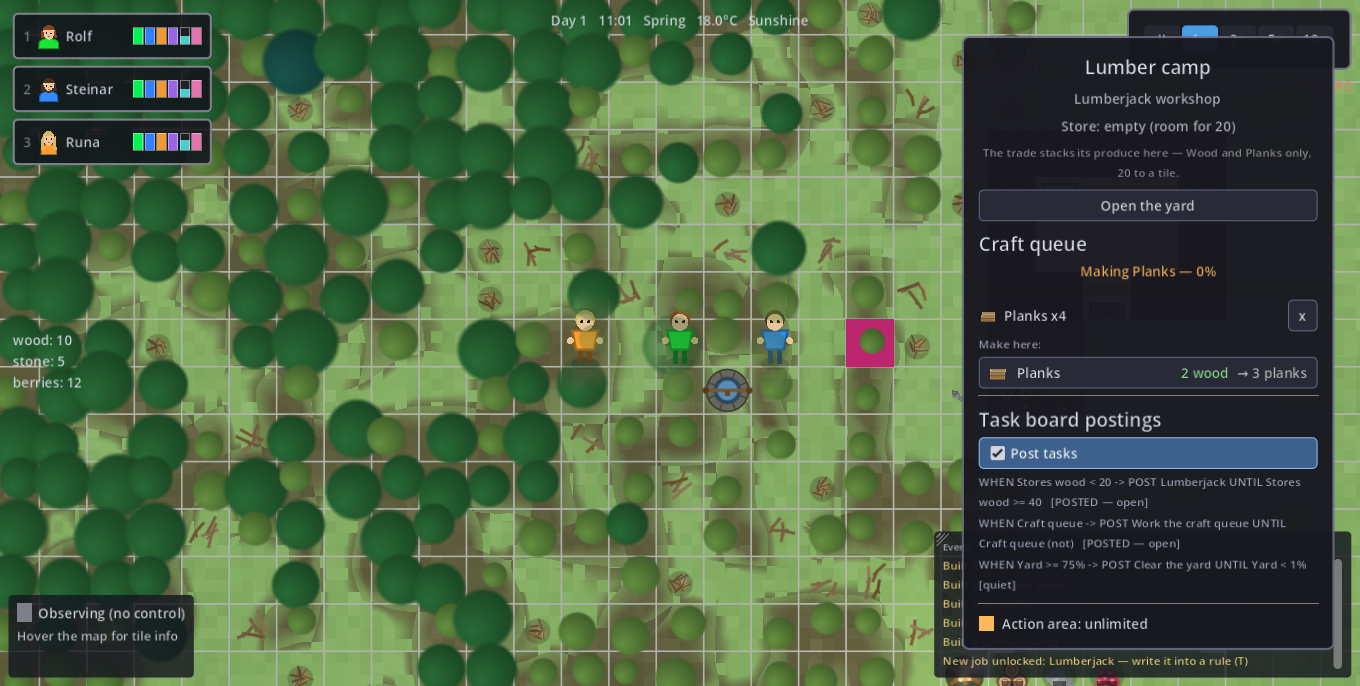 A lumber camp's craft queue