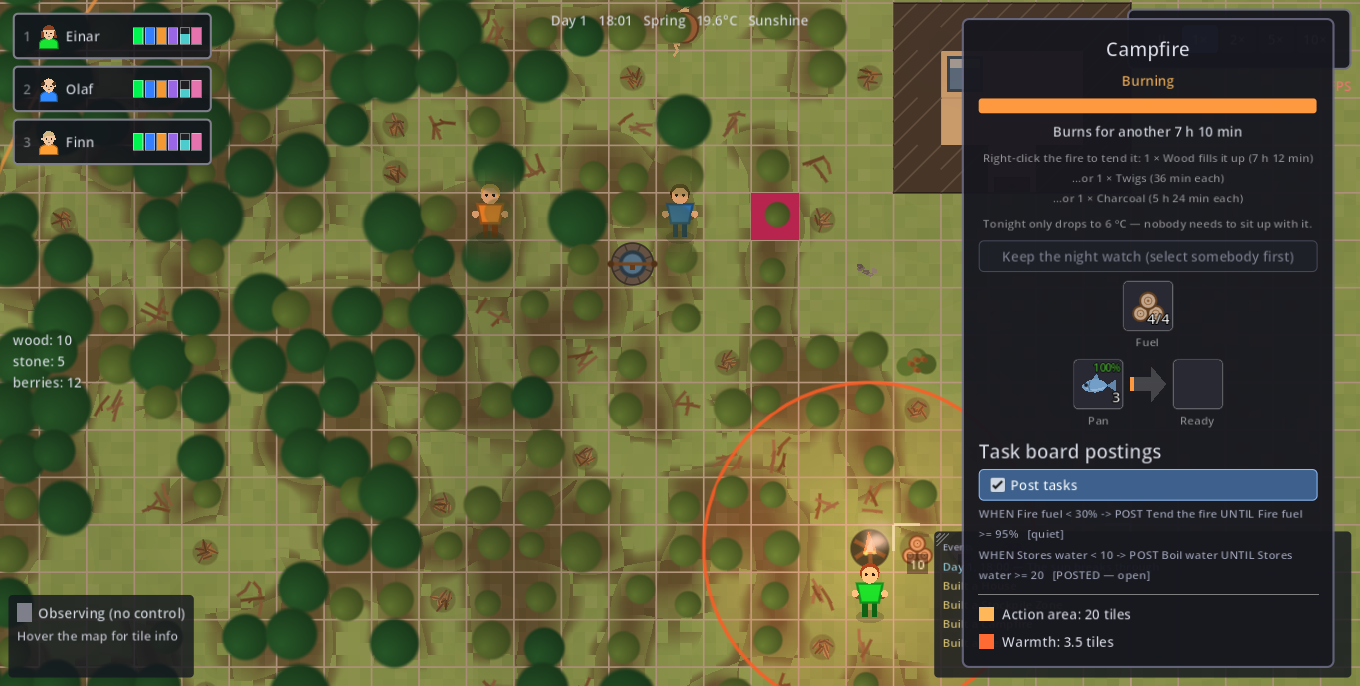 A campfire's panel with the hearth slots